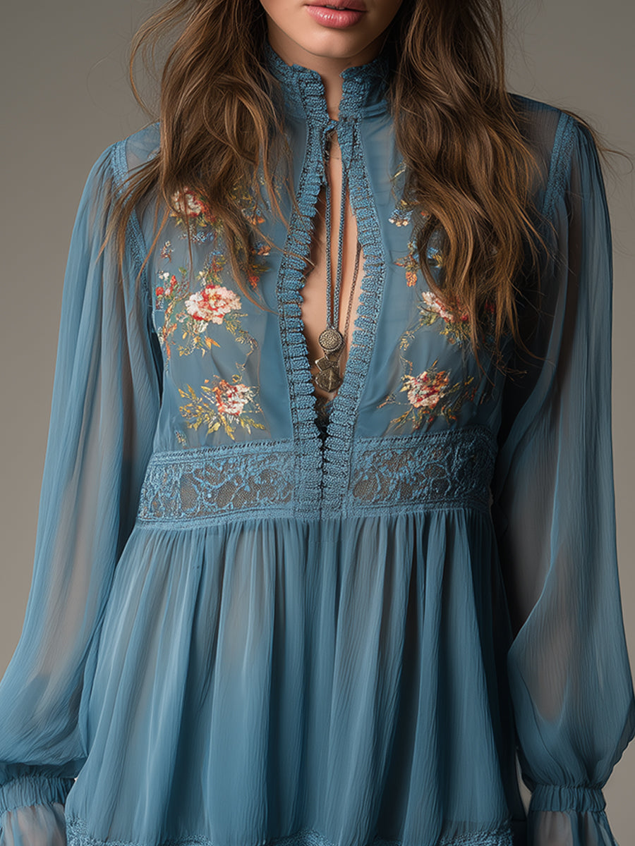 Bohemian Style Chiffon Embroidered Stand-collar Mini Dress