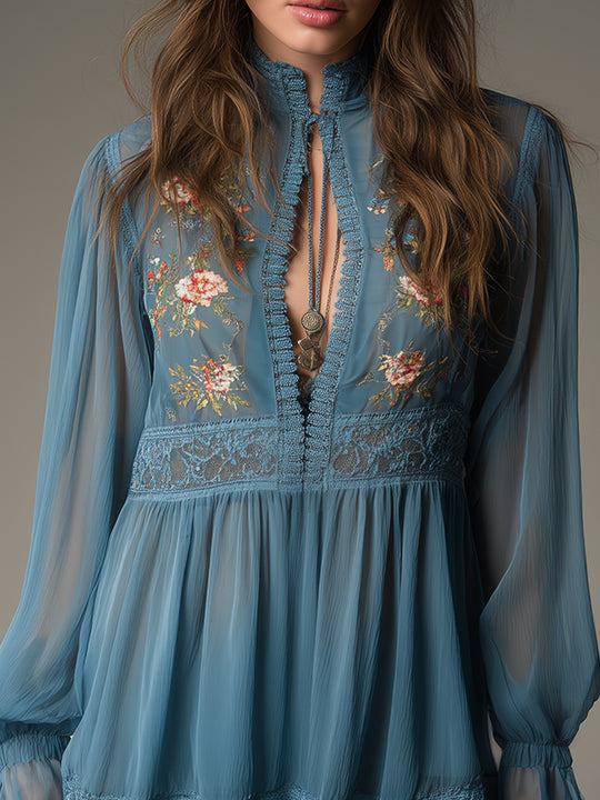 Bohemian Style Chiffon Embroidered Stand-collar Mini Dress
