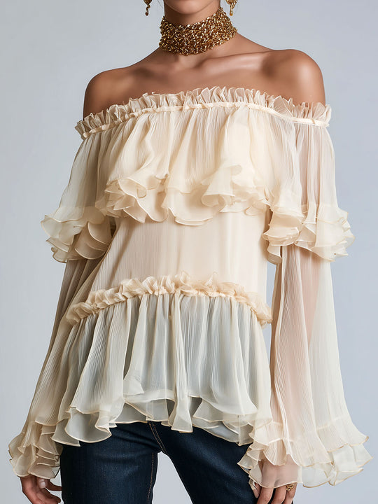 Quiet Luxury Champagne Off-Shoulder Ruffle Chiffon Blouse