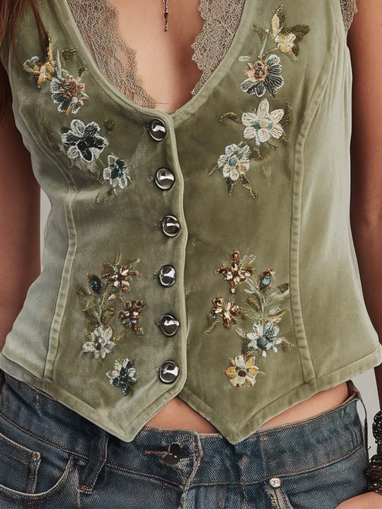 Embroidered Velvet Corset Vest With Lace Trim