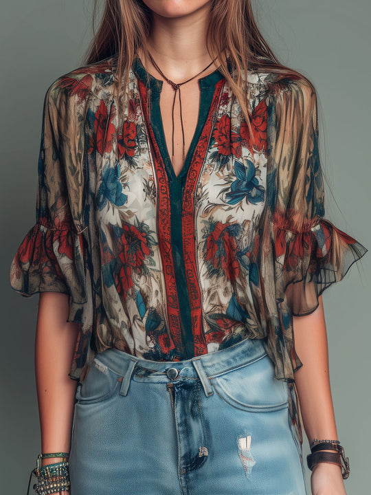 Bohemian V-Neck Sheer Floral Ruffle Sleeves Blouse