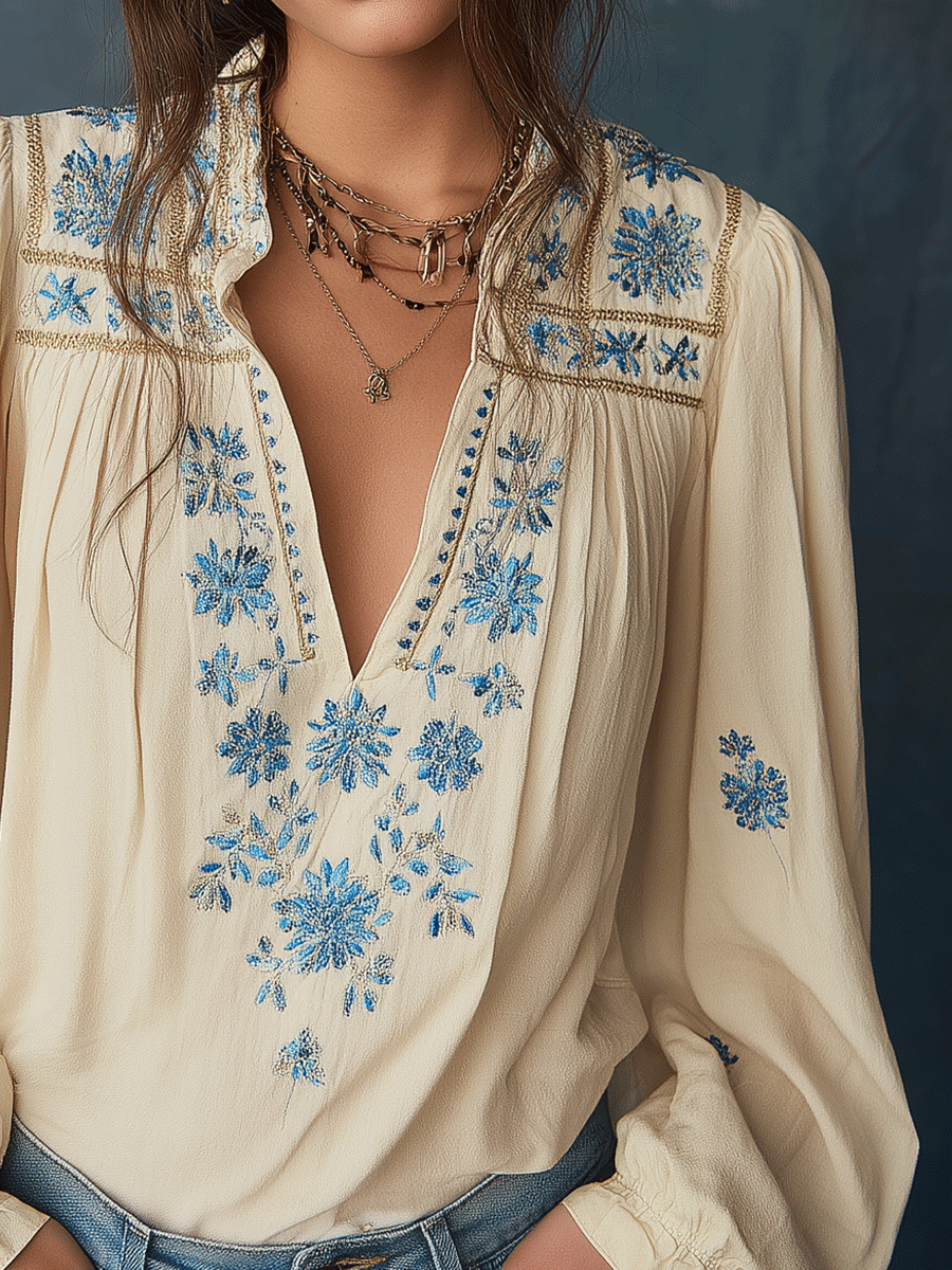 Embroidered Boho Blossom Peasant Blouse