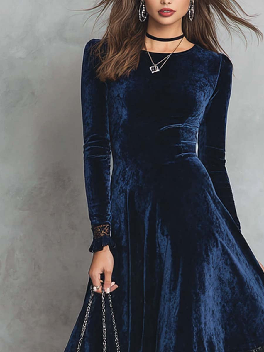 Retro Round Neck Wide Lace Hem Midi Dress