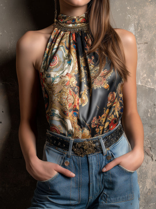 Boho High-Neck Baroque Print Satin Halter Scarf Top
