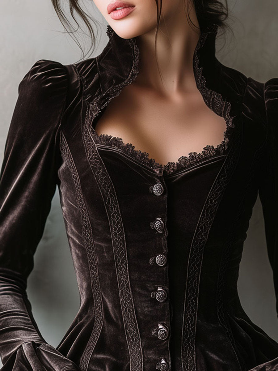Retro Chocolate Velvet Victorian Corset Blouse With Lace Trim &