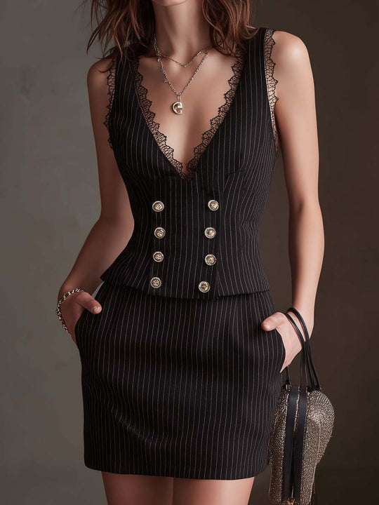 Vintage Lace-collar Striped Vest And Skirt Set
