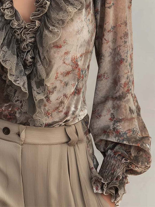 Velvet Floral Print Ruffled Blouse