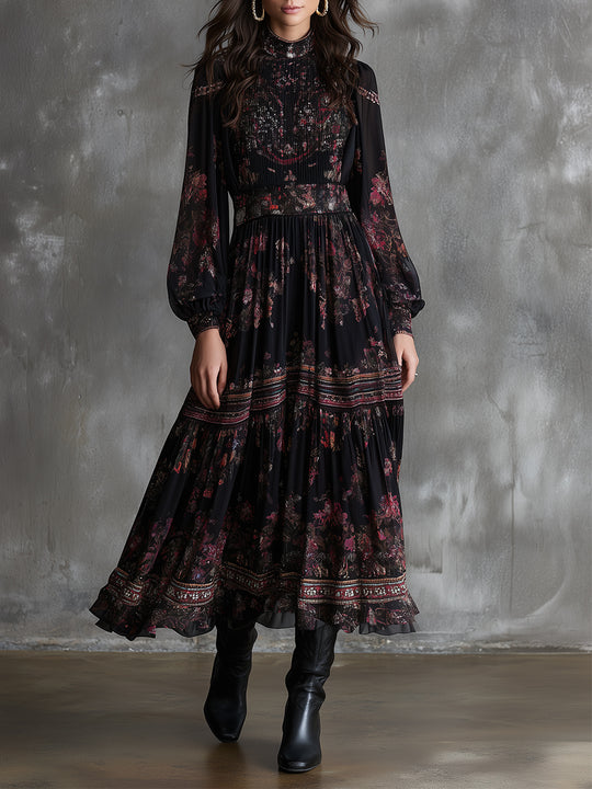 Retro Ethnic Print Pleated Chiffon Ruffle Midi Dress
