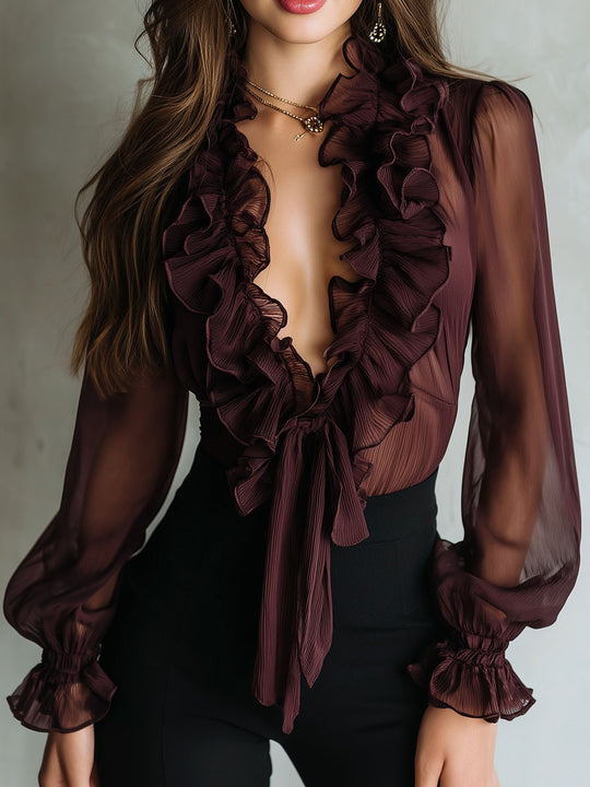 Retro Plum Sheer Ruffled  Long Sleeve Tie-Front Chiffon Blouse