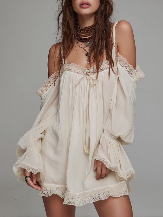 Bohemian Holiday Off-the-shoulder Lace Patchwork Chiffon Mini Dress