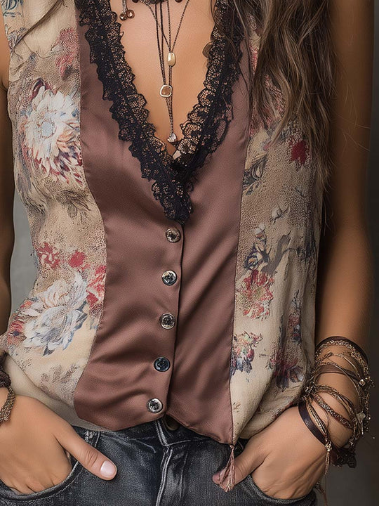 Retro Floral Color Block Polyester Satin Vest