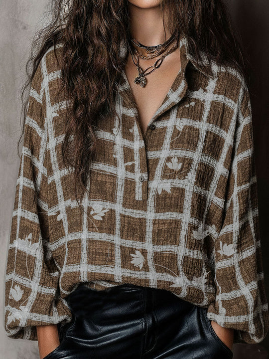 Bohemian Brown Plaid Leaf Print Textured Shirt