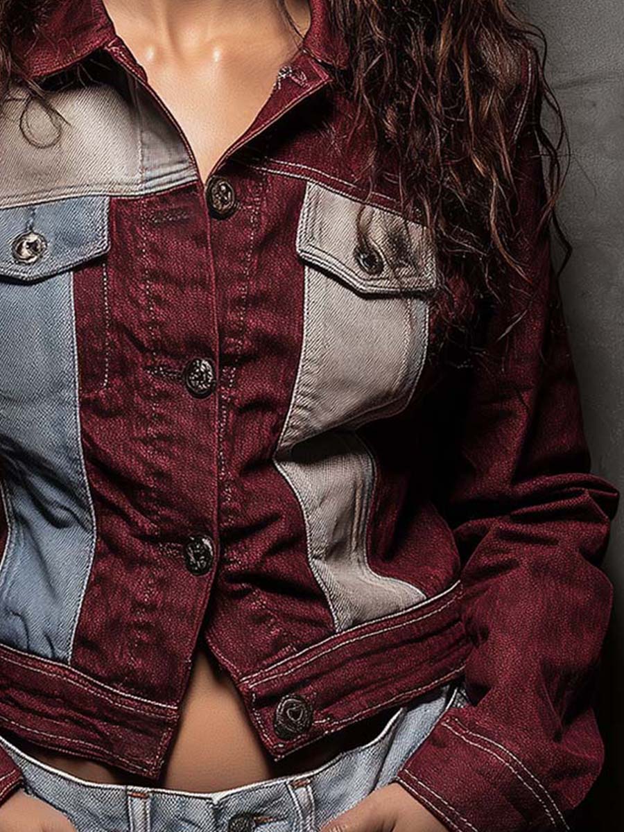 Vintage Washed Deep Red Patchwork Denim Jacket