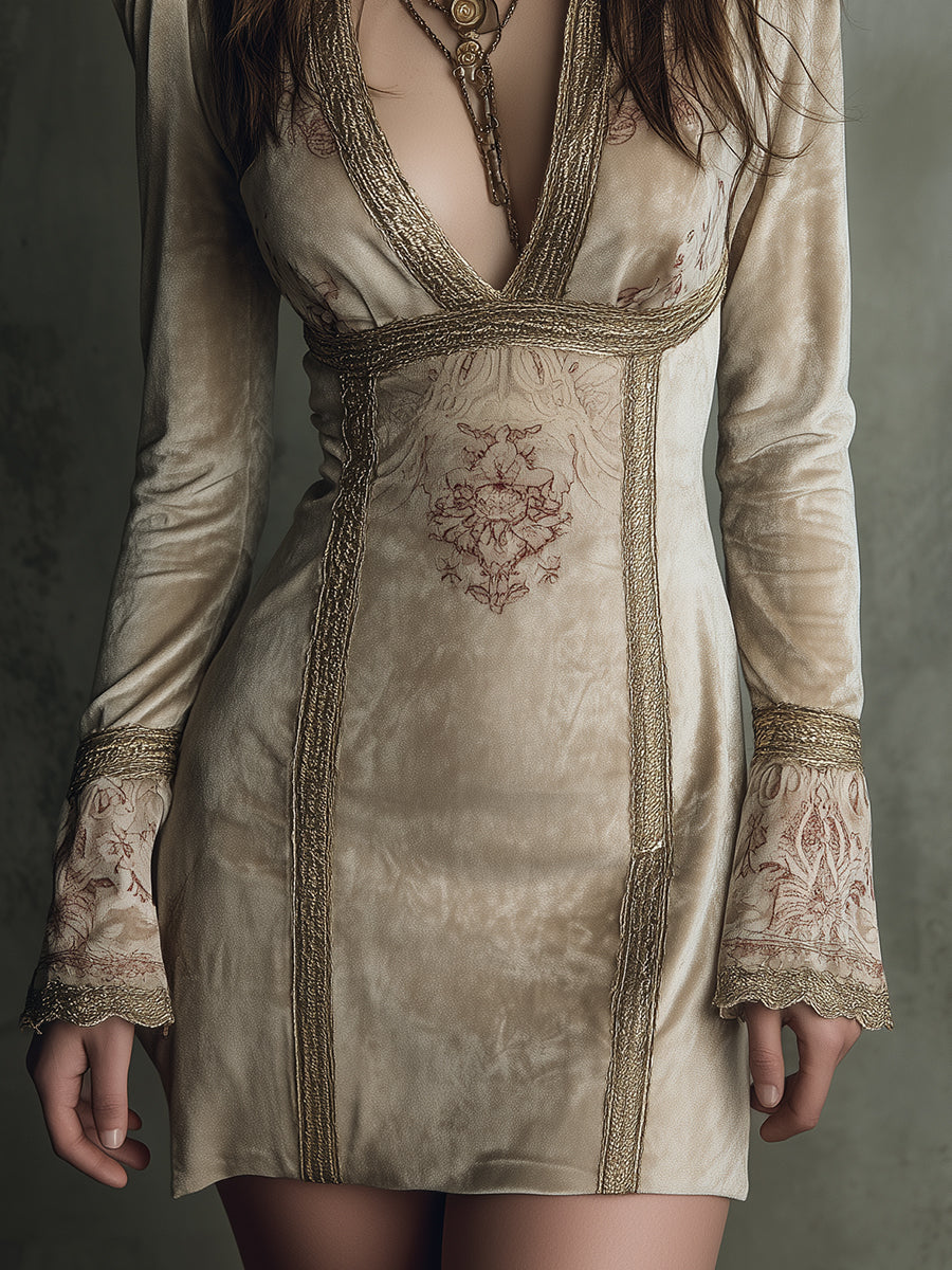 Retro Totem Webbing Spliced polyester Velvet Mini Dress