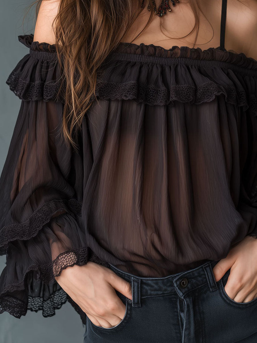 Romantic Cold-Shoulder Ruffle Chiffon Blouse With Lace Trim
