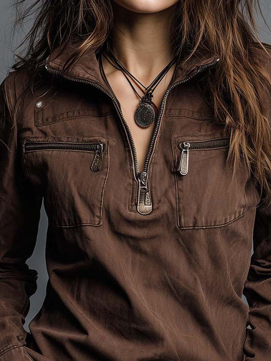 Vintage Brown Washed Denim Zip-Up Shirt