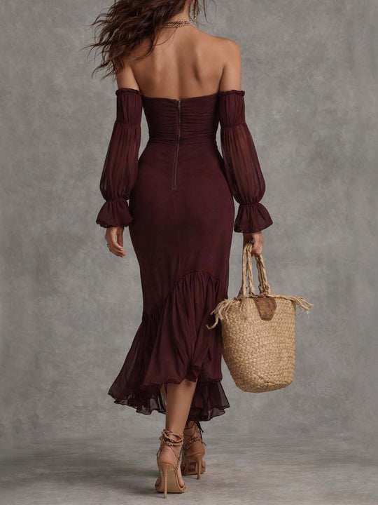 Burgundy Off-Shoulder Long Sleeve Maxi Dress