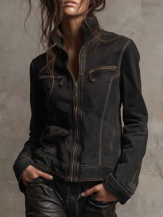 Vintage Washed Denim Jacket With Accentuated Shoulder Line