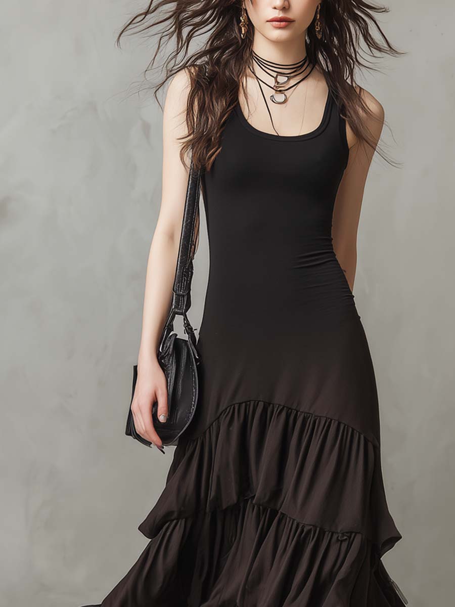 Retro Layered Ruffle Hem Midi Dress