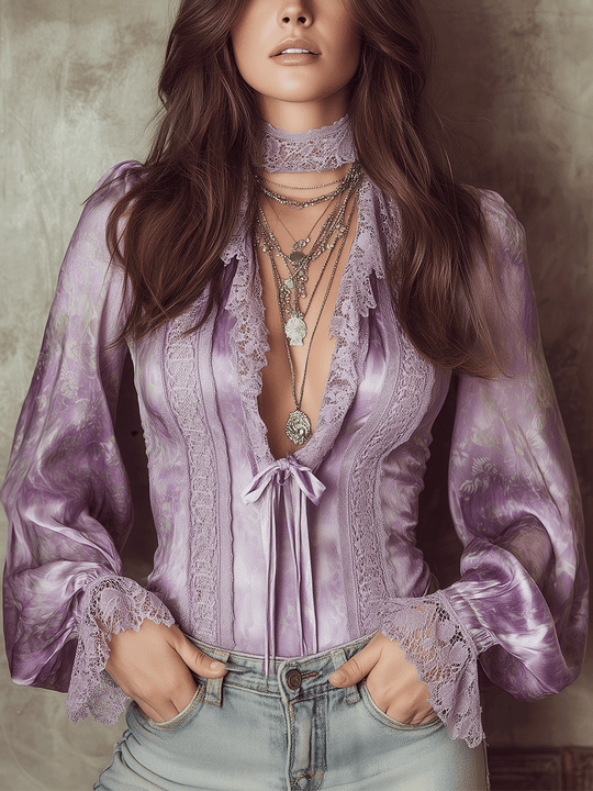 Romantic Boho Satin Tie-Front Bell-Sleeve Blouse