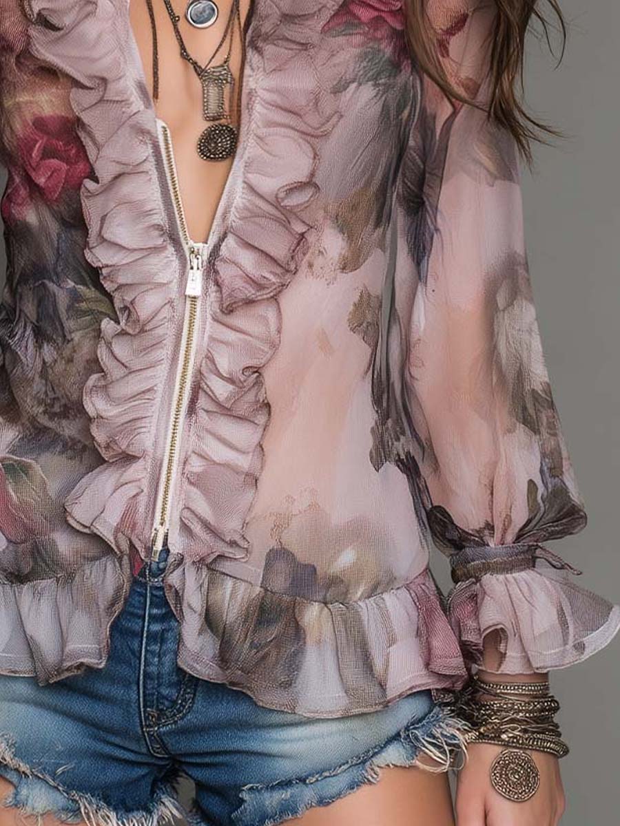 Retro Dusty Rose Floral Ruffle Sheer Blouse