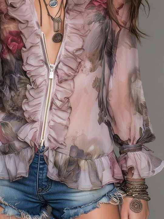 Retro Dusty Rose Floral Ruffle Sheer Blouse