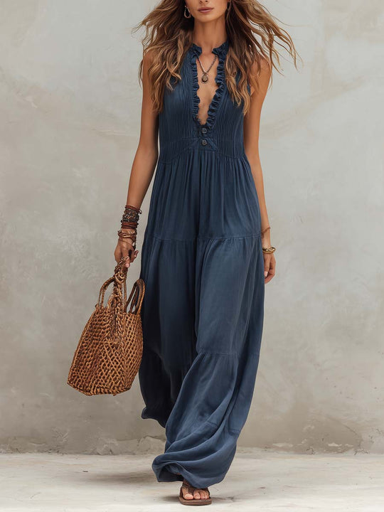 Retro Ruffle Neck Cotton And Linen Jumpsuit