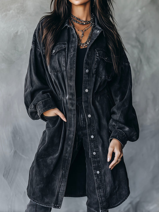 Classic Black Washed Denim Longline Utility Shirt Jacket