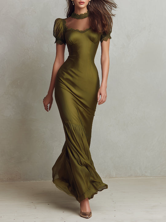 Elegant Satin Stand-up Collar Maxi Dress With Lace