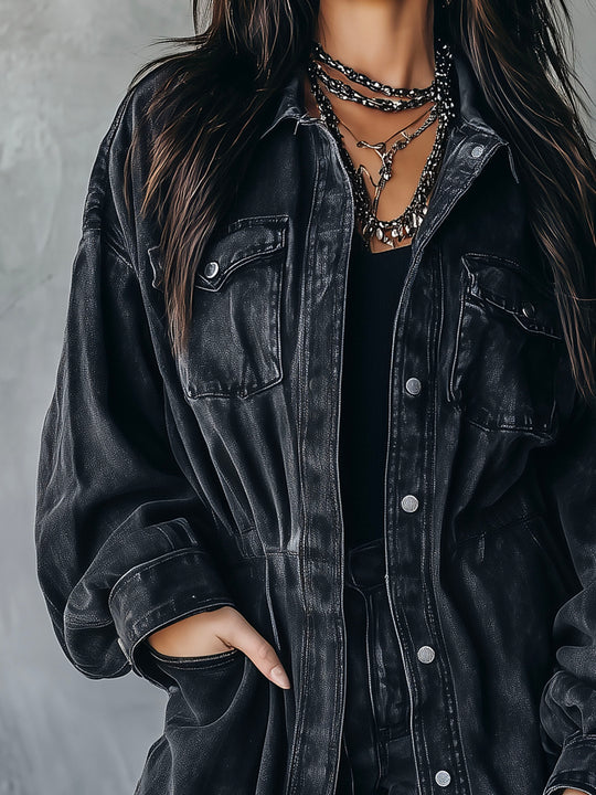 Classic Black Washed Denim Longline Utility Shirt Jacket