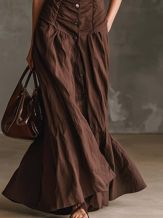 Retro Ruched Waist Cotton And Linen Maxi Dress