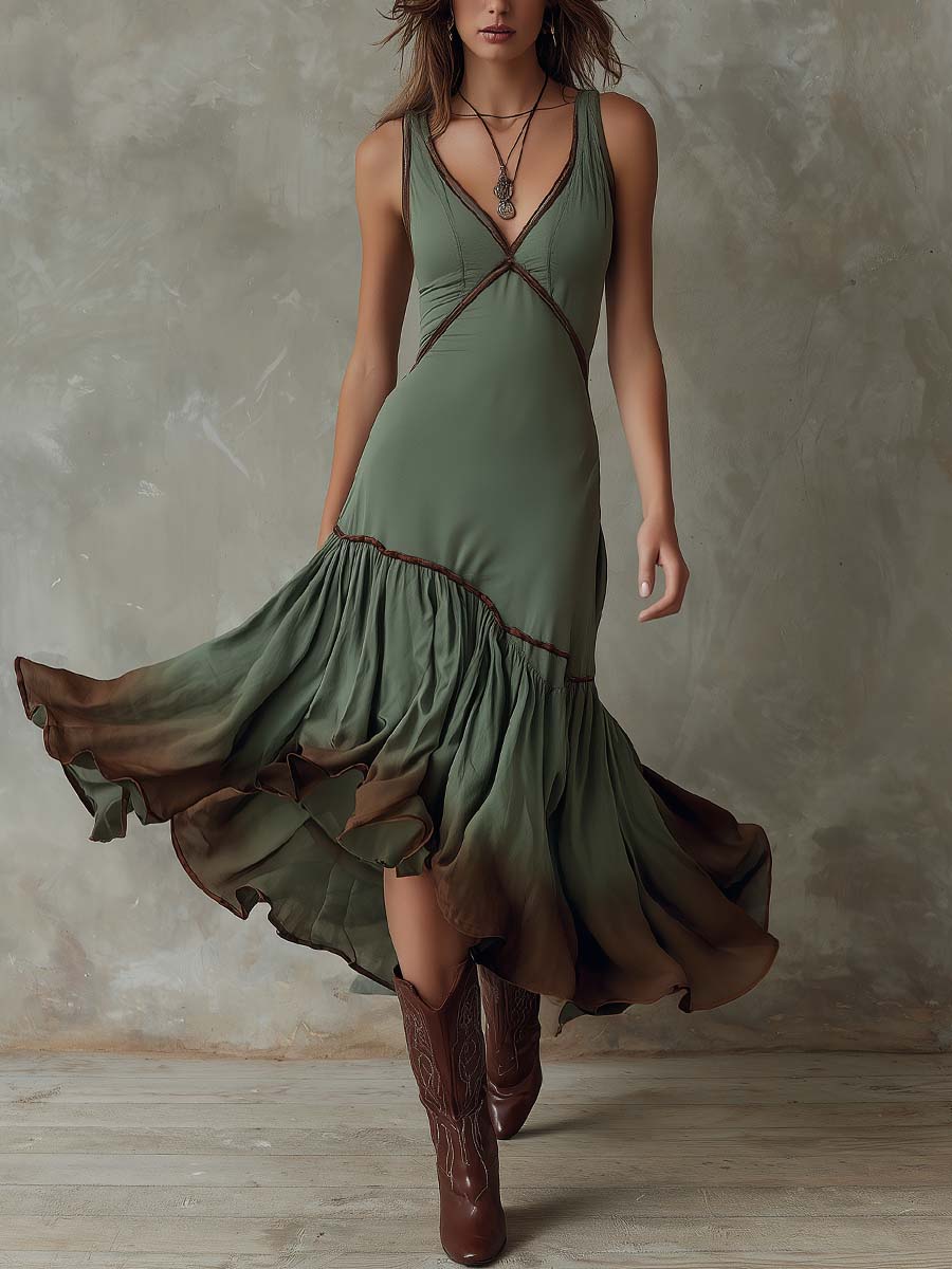 Boho Dip-Dyed Ruffled Hem Midi Dress