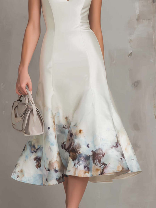 Retro Oil Painting Style Keyhole Neck Polyester Satin Midi Dress