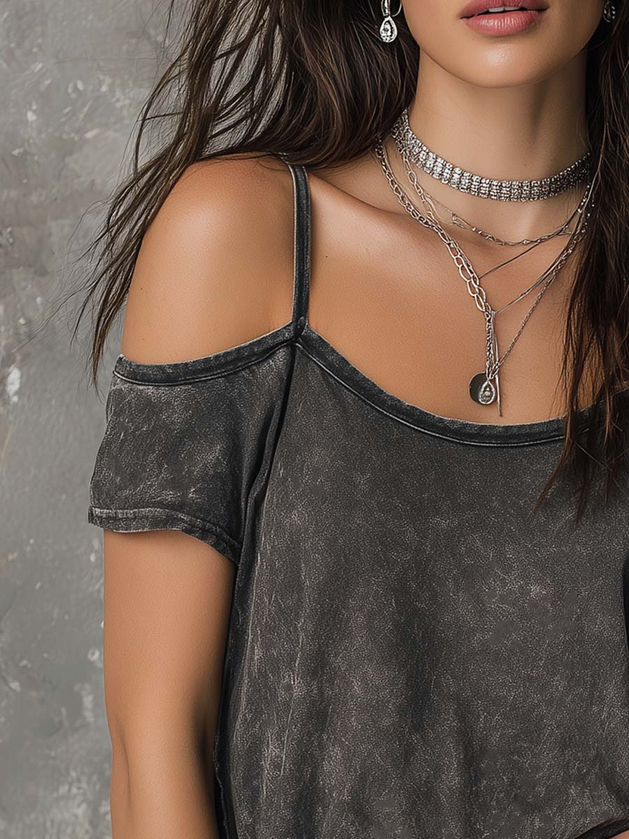 Vintage Cold-shoulder Mottled Denim Blouse