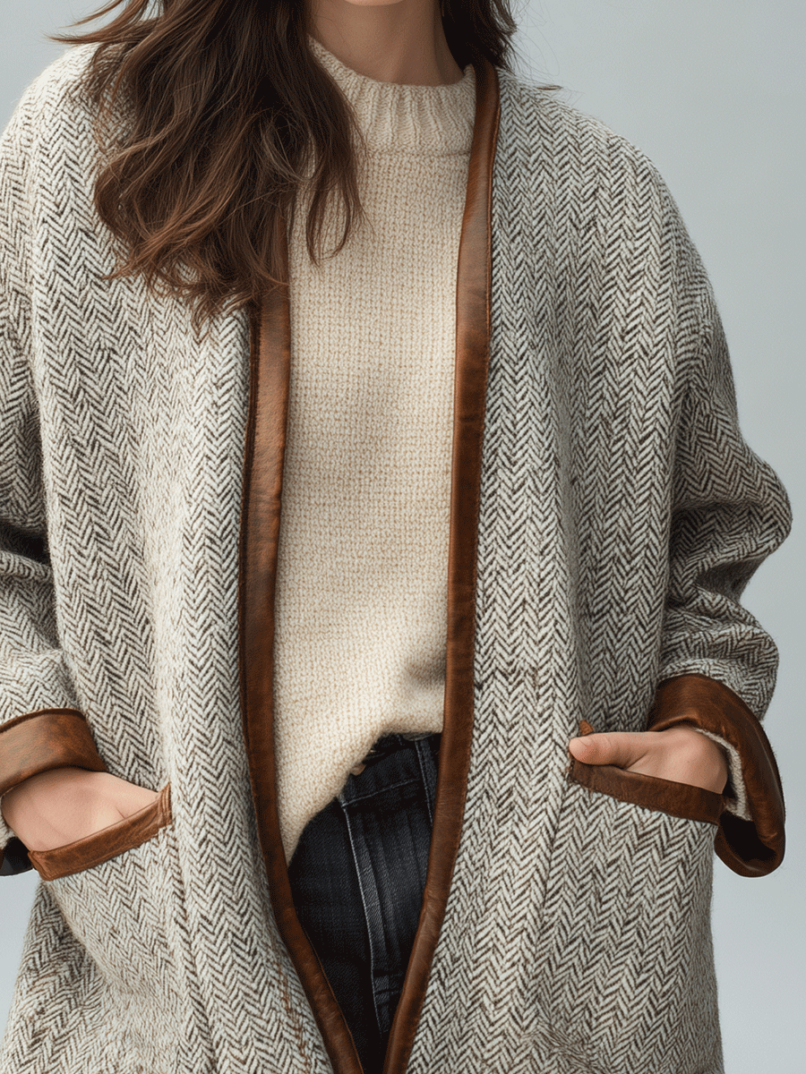 Relaxed Cozy Textured Wool-Blend Leather Trim Jacket