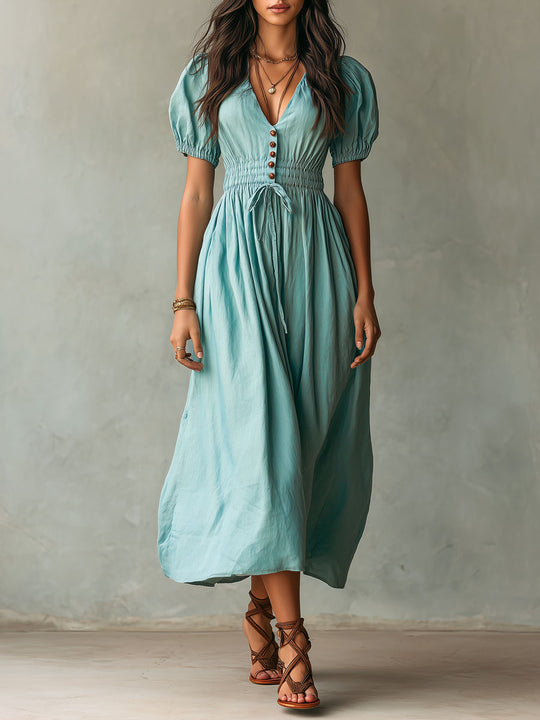 Boho Dusty Teal Linen-Blend Puff Sleeve Smocked Waist Midi Dress