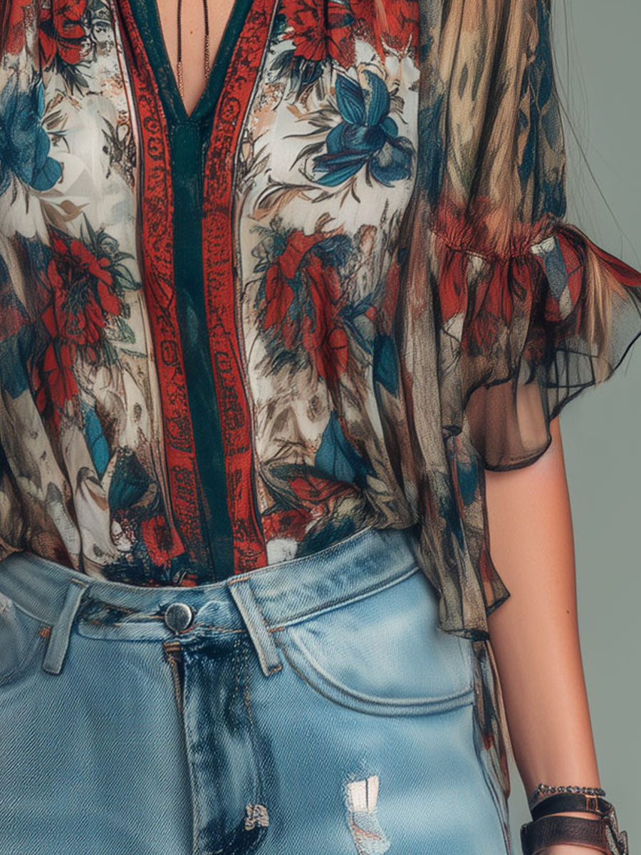 Bohemian V-Neck Sheer Floral Ruffle Sleeves Blouse