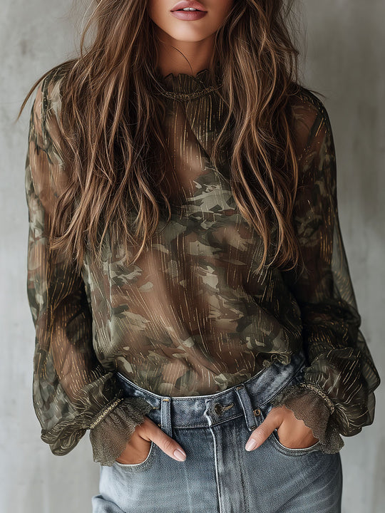 Boho Sheer Camo Chiffon Blouse With Metallic Thread Detail