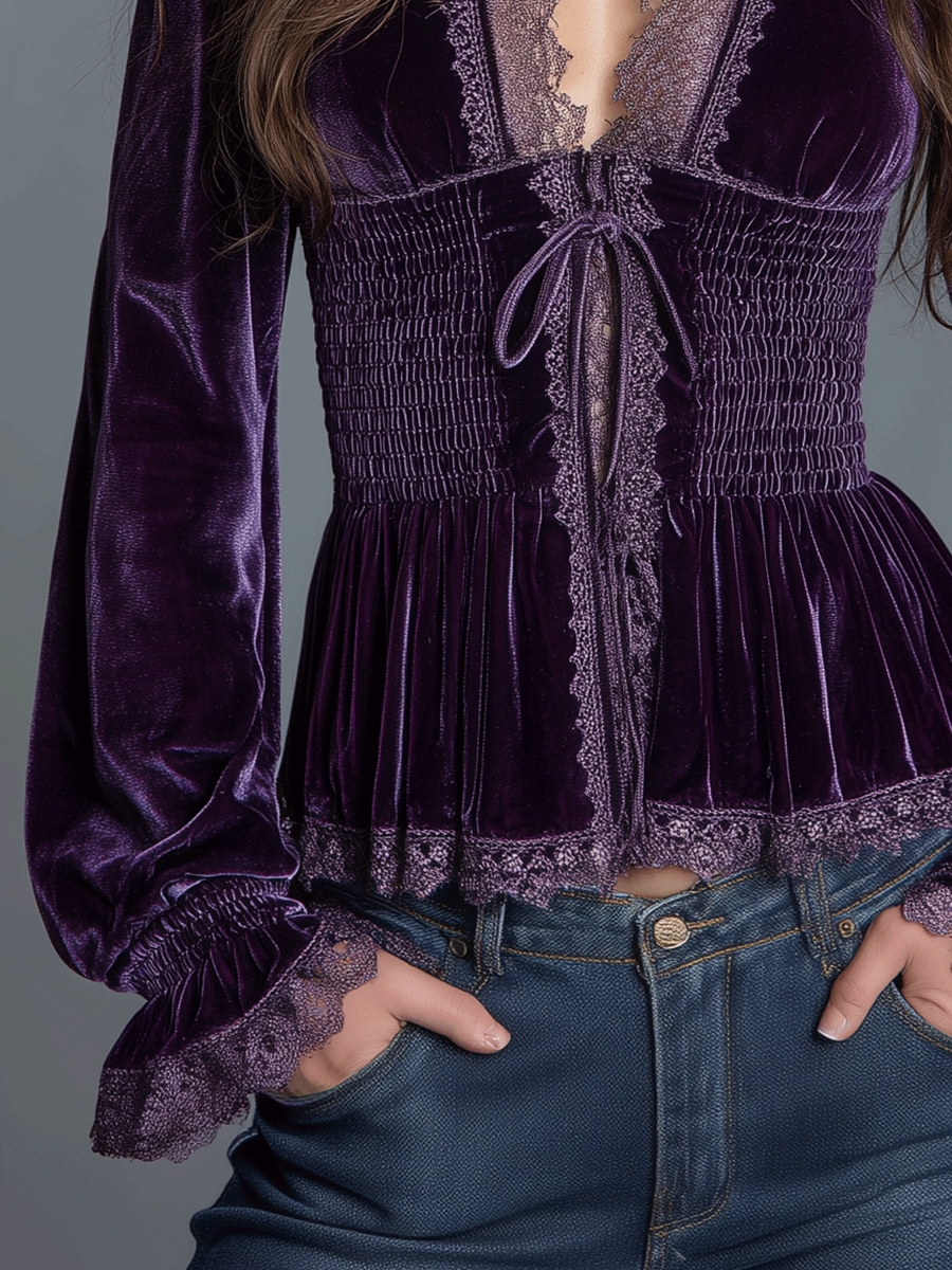 Vintage Velvet Lace-Trim Smocked Boho Top