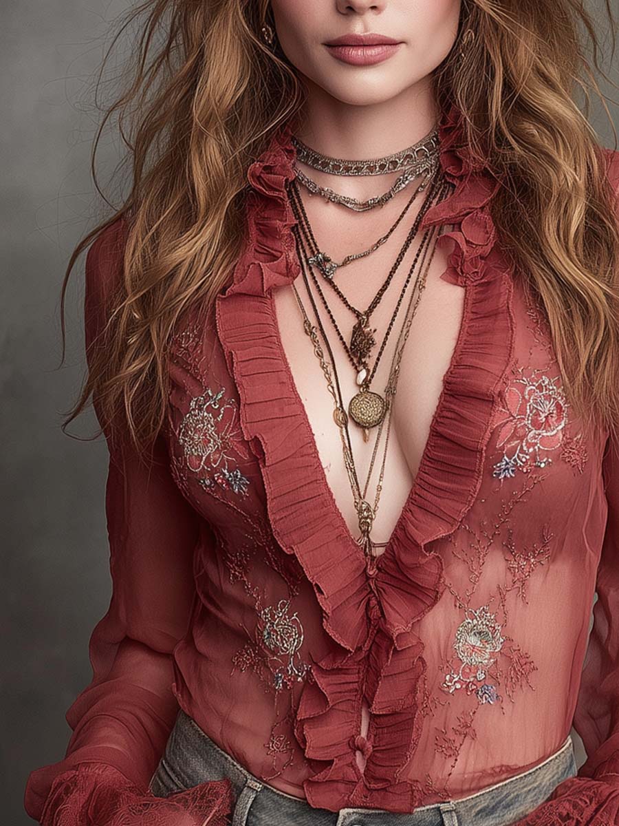 Retro Ruffle Neck Floral Embroidered Chiffon Blouse