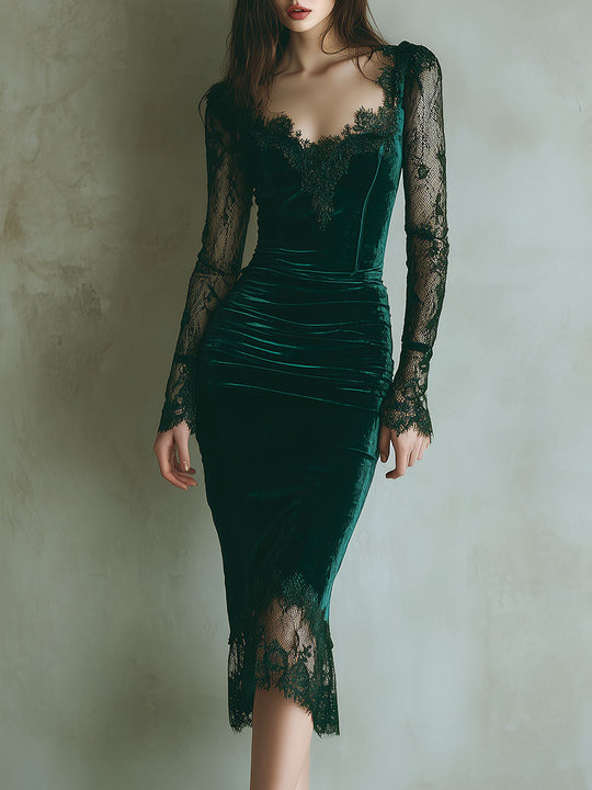 Elegant Green Velvet Long Sleeve Lace Midi Dress