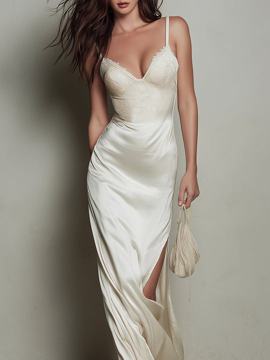 Elegant Satin Lace Paneled Suspender Hem Slit Maxi Dress