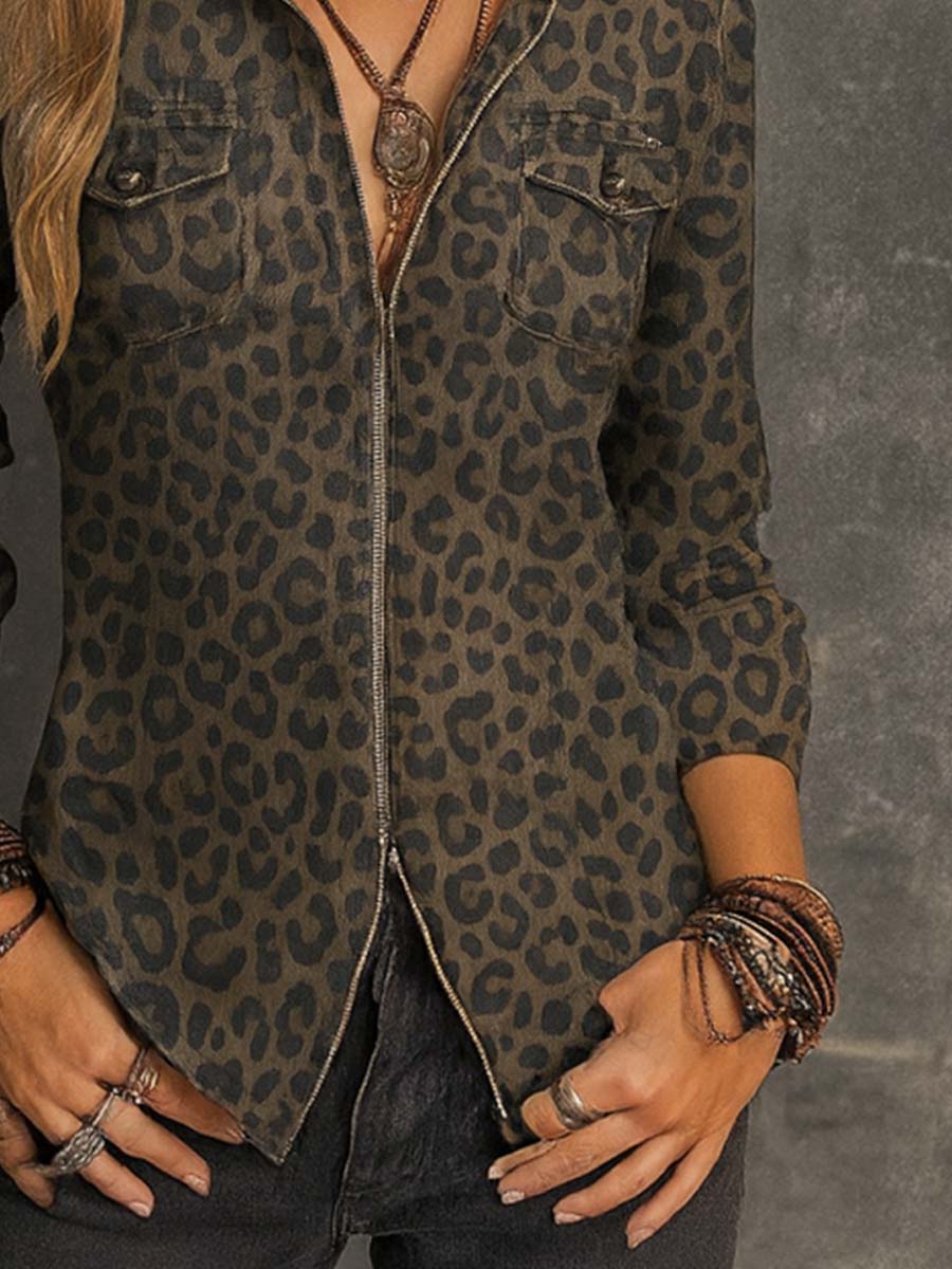 Vintage Distressed Leopard Print Zipper Denim Blouse
