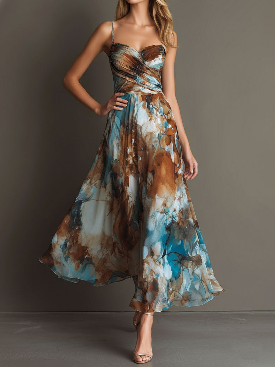 Boho Watercolor Print Chiffon Spaghetti Strap Maxi Dress