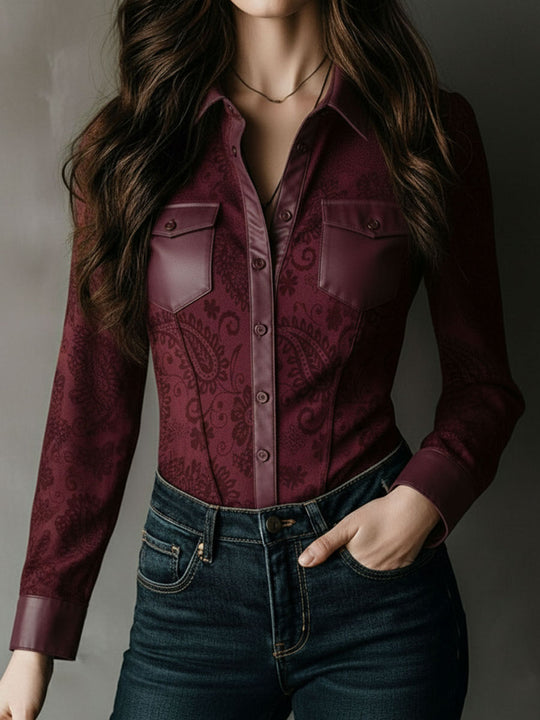 Western Charm Burgundy Paisley Embossed Blouse