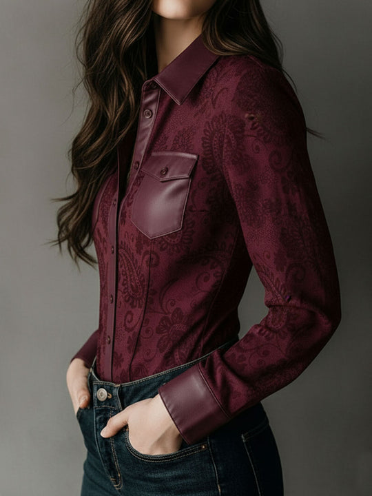 Western Charm Burgundy Paisley Embossed Blouse
