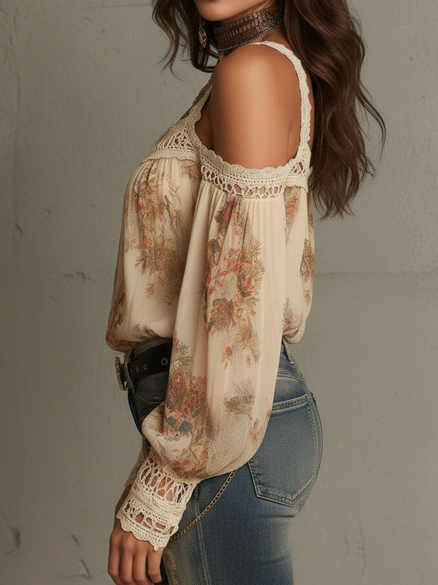 Vintage Boho Cream Floral Off-Shoulder Lace Blouse