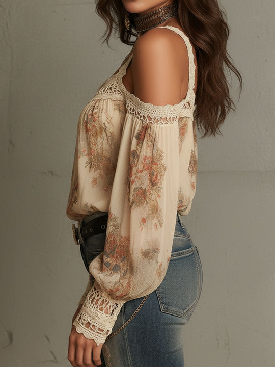 Vintage Boho Cream Floral Off-Shoulder Lace Blouse