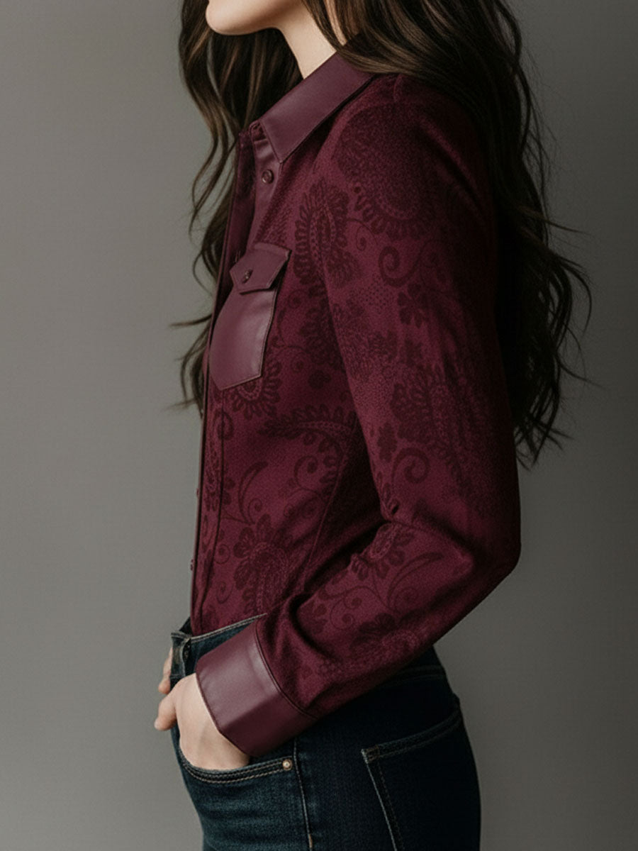 Western Charm Burgundy Paisley Embossed Blouse