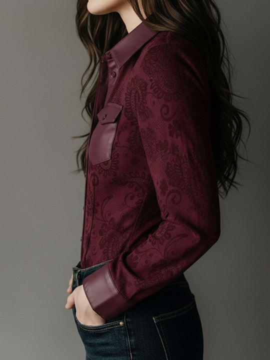 Western Charm Burgundy Paisley Embossed Blouse